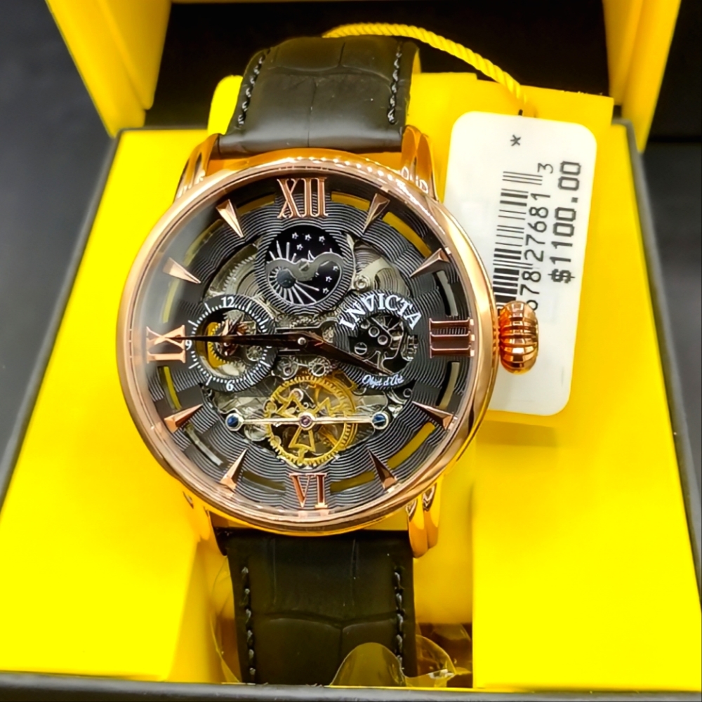 FIRM PRICE-New Invicta Objet d'Art automatic sketekon Men's leather band watch